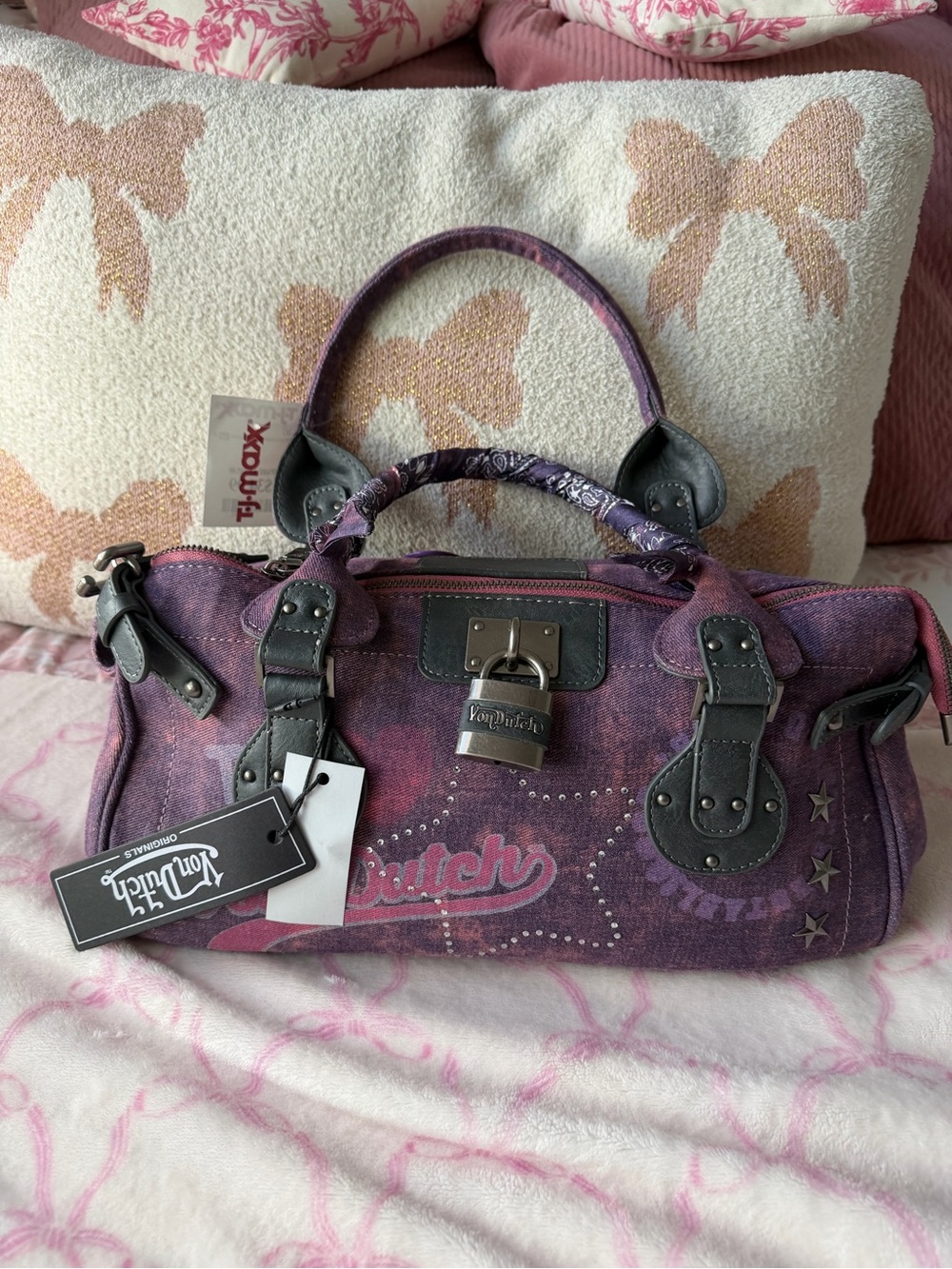 Von Dutch Purple Denim Satchel with Black Trim and Pink Accents